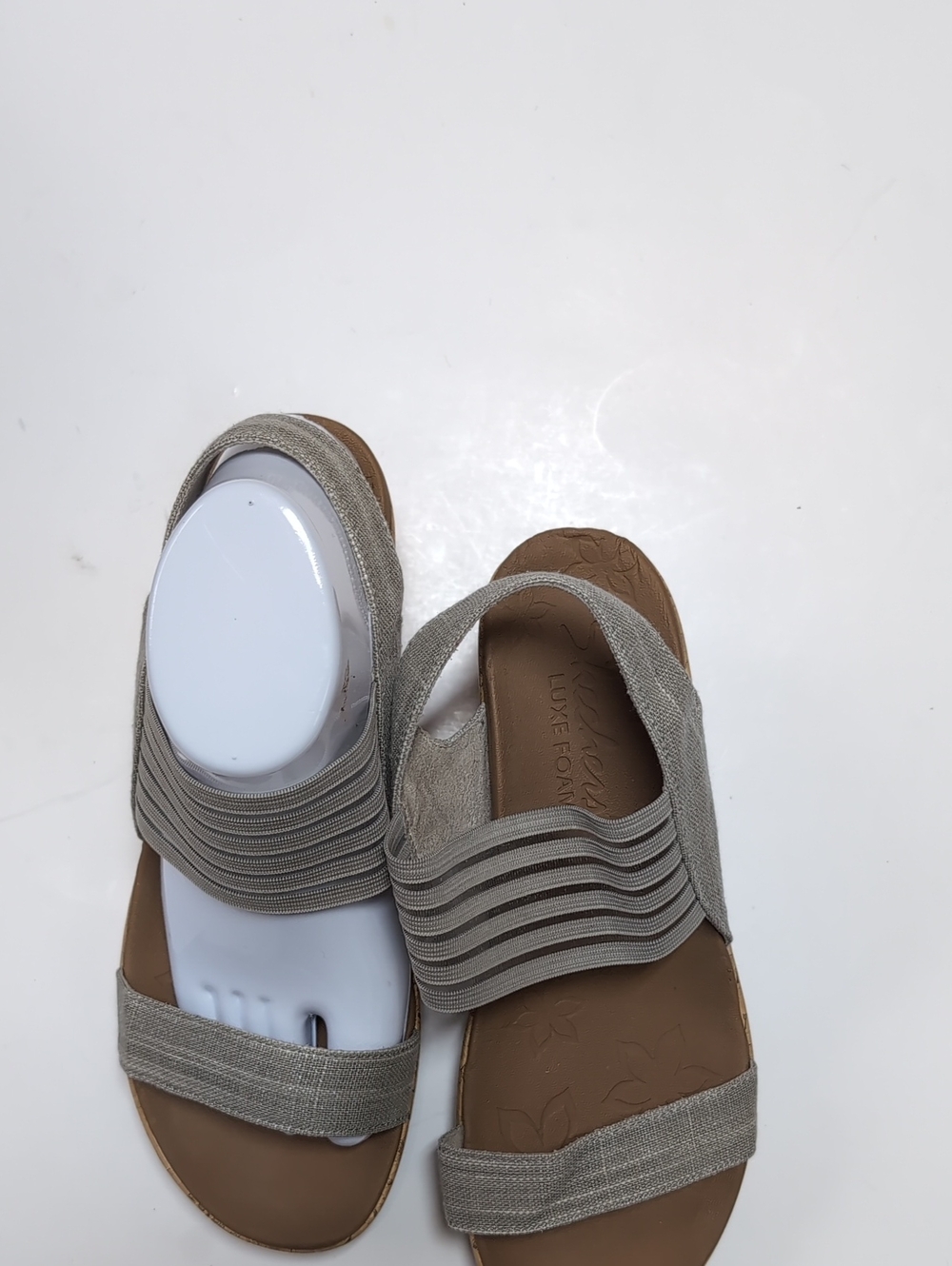 Skechers Wide Elastic Strap Slide Sandals in Taupe and Brown